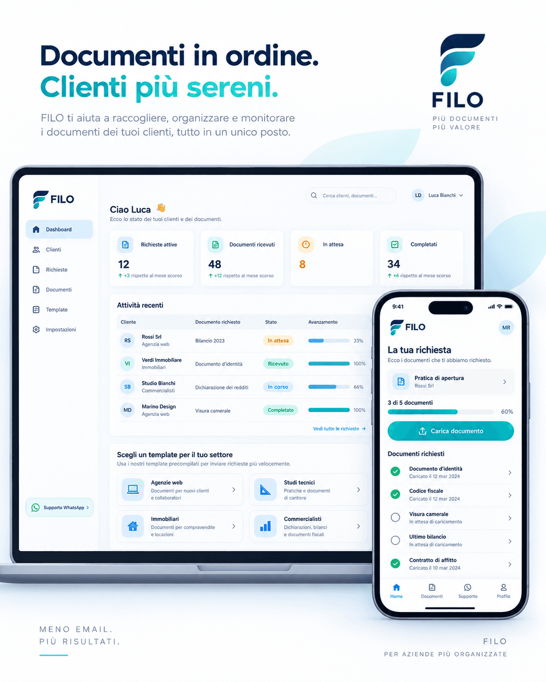 Anteprima FILO: dashboard delle richieste e smartphone con documenti ricevuti e mancanti